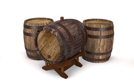 Vintage wooden barrels for liquids on white background (3d illustration).の写真素材