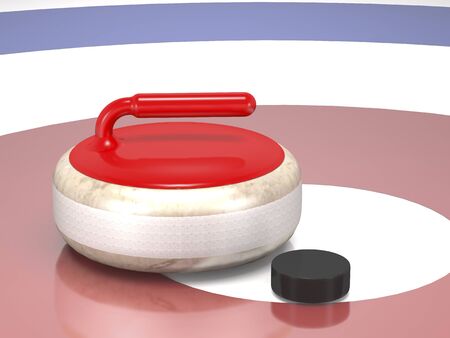 Curling stone and hockey puck on game ice (3d illustration).の写真素材