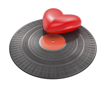 Vinyl record with red label and red heart on white background (3d illustration).の写真素材