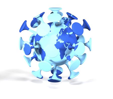 Coronavirus bacterium and world map on white background as warning concept (3d illustration).の写真素材
