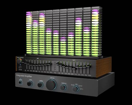  Vintage audio equipment - amplifier, equalizer and spectrum analyser are in dark recording studio (3d illustration).の写真素材