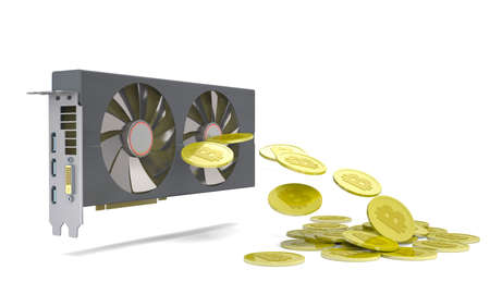 Modern graphics card and gold bitcoins are on white background (3d illustration).