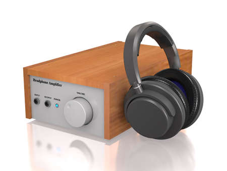 High quality modern amplifier and studio headphones are on white background (3d illustration).の写真素材