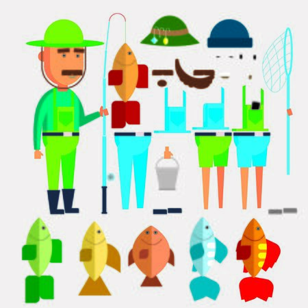 Fishing vector flat style design illustration. Fisher vest and hat, fishing rod, bobber, fish and bait worm. Fisherman clothing and fishing gear composition for web banner, website page etcのイラスト素材