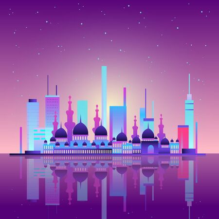 Vector background with night city illuminated with neon glowing lights. Muslim culture, Arabic or Turkish urban concept. Cityscape with big mosque and minarets, modern buildings, high skyscrapers.のイラスト素材