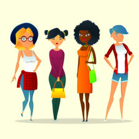 Set of women or girls of different races and different skin colors on a white background.のイラスト素材
