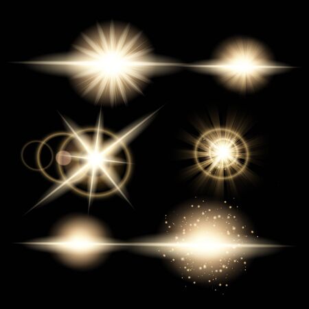 Abstract image of lighting flare. Set of golden lights.のイラスト素材