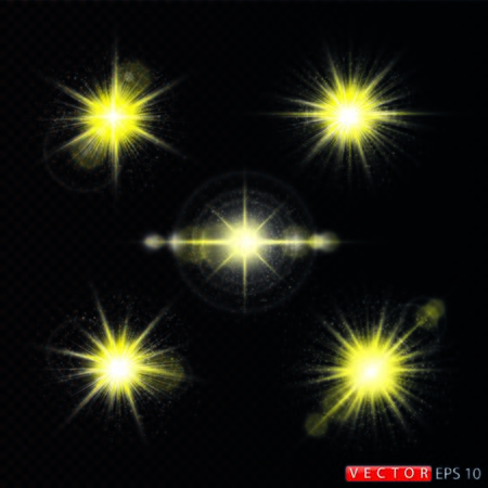 Set of the realistic sparkling gold star fires and flashes on a transparent background a vector illustrationのイラスト素材