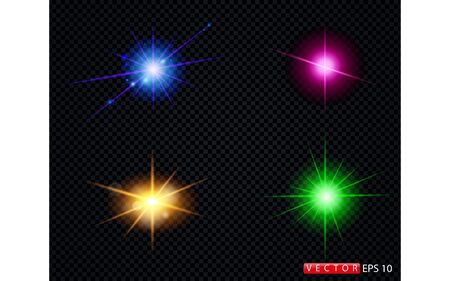 Set of beautiful multi-colored flares and flares on a black background.のイラスト素材
