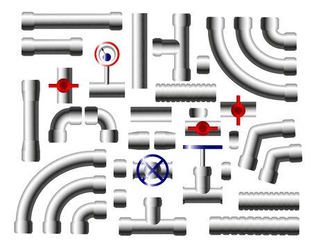 Set of industrial steel pipes allows to set up different forms pipelines with curved and straight segments. Vector illustration.のイラスト素材