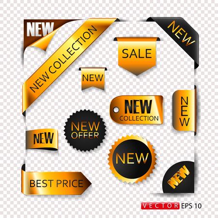 Collection of golden premium promo seals stickers. Isolated vector illustrationのイラスト素材