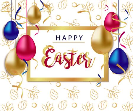 Easter vector illustration with calligraphy greeting and Easter eggs decorated with gold.のイラスト素材