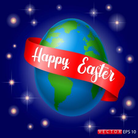 Easter egg with a world map. Planet earth in the form of an egg on a sky blue background with greeting text Happy Easter in red.のイラスト素材