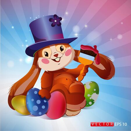 Vector illustration of an easter bunny in a hat. Easter card on which Easter eggs and a rabbit. EPS 10.のイラスト素材