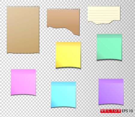 A set of paper stickers in different colors and shapes, as well as torn notebook paper. Vector. EPS 10.のイラスト素材