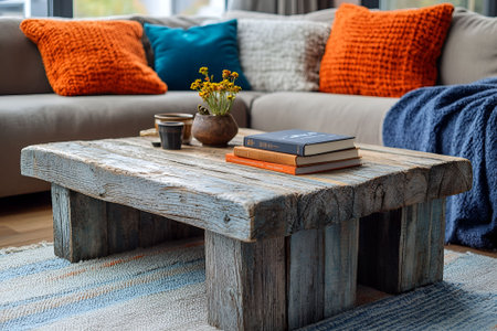 Rustic wooden coffee table with books, a plant, and warm knitted pillows in a cozy modern living room. High quality photoの素材