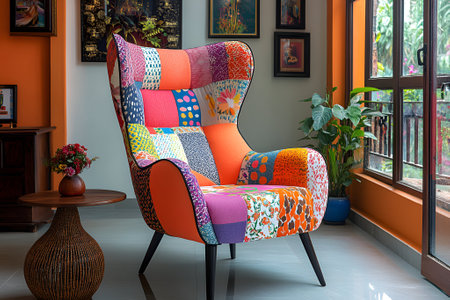 Colorful patchwork armchair with a vintage aesthetic in a stylish eclectic interior with wooden furniture and framed artwork. High quality photoの素材