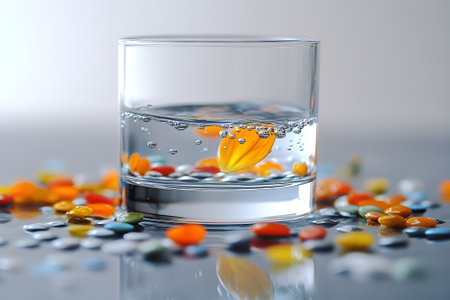 A minimalist composition of a transparent glass with floating orange candy in clear water, surrounded by scattered colorful sweets on a reflective surface. High quality photoの素材