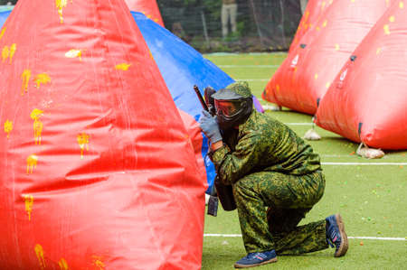 Russia. Stavopol. 07/27/2019 The 5th annual corporate tournament among young specialists of Gazprom employees. Paintball competitions on the sports field with unprofessional amateur teams.のeditorial素材