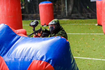Russia. Stavopol. 07/27/2019 The 5th annual corporate tournament among young specialists of Gazprom employees. Paintball competitions on the sports field with unprofessional amateur teams.のeditorial素材