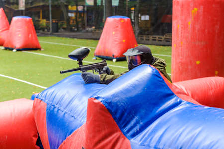 Russia. Stavopol. 07/27/2019 The 5th annual corporate tournament among young specialists of Gazprom employees. Paintball competitions on the sports field with unprofessional amateur teams.のeditorial素材