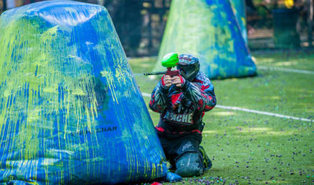 Russia. Stavopol. 07/21/2018 Russian Paintball Federation Stage 4 qualifying competitions in sports paintball. More than 12 teams from the Southern Federal District took part in the competition.のeditorial素材