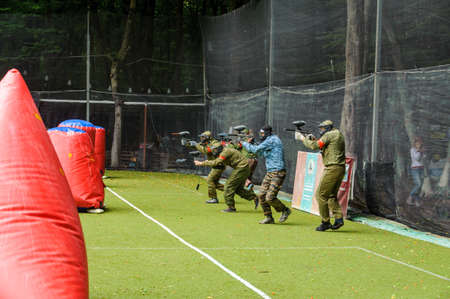 Russia. Stavopol. 07/27/2019 The 5th annual corporate tournament among young specialists of Gazprom employees. Paintball competitions on the sports field with unprofessional amateur teams.のeditorial素材