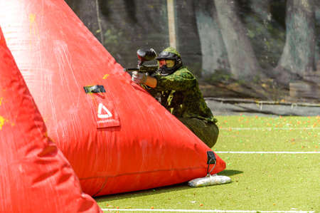Russia. Stavopol. 07/27/2019 The 5th annual corporate tournament among young specialists of Gazprom employees. Paintball competitions on the sports field with unprofessional amateur teams.のeditorial素材