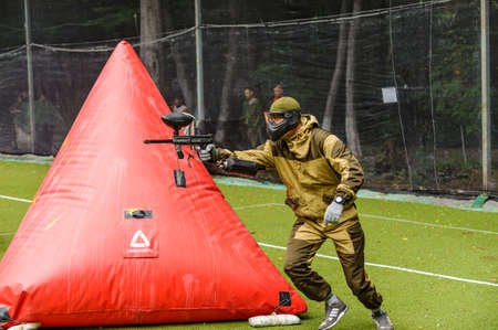 Russia. Stavopol. 07/27/2019 The 5th annual corporate tournament among young specialists of Gazprom employees. Paintball competitions on the sports field with unprofessional amateur teams.のeditorial素材