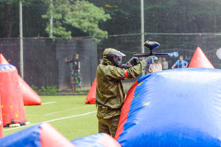 Russia. Stavopol. 07/27/2019 The 5th annual corporate tournament among young specialists of Gazprom employees. Paintball competitions on the sports field with unprofessional amateur teams.のeditorial素材