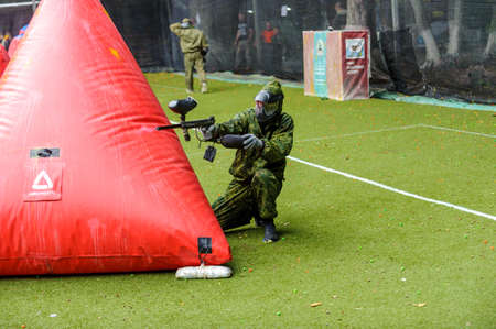 Russia. Stavopol. 07/27/2019 The 5th annual corporate tournament among young specialists of Gazprom employees. Paintball competitions on the sports field with unprofessional amateur teams.のeditorial素材