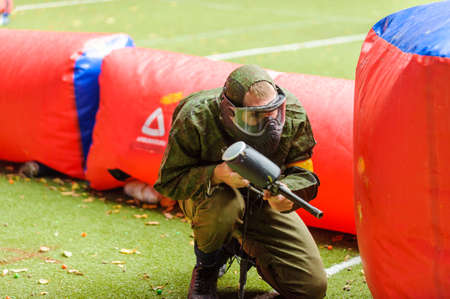 Russia. Stavopol. 07/27/2019 The 5th annual corporate tournament among young specialists of Gazprom employees. Paintball competitions on the sports field with unprofessional amateur teams.のeditorial素材