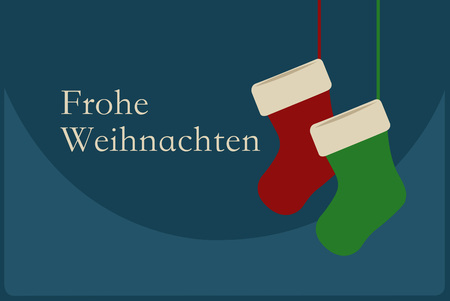 Frohe Weihnachten poster with Christmas Socks on blue background. Merry Christmas Germany!のイラスト素材