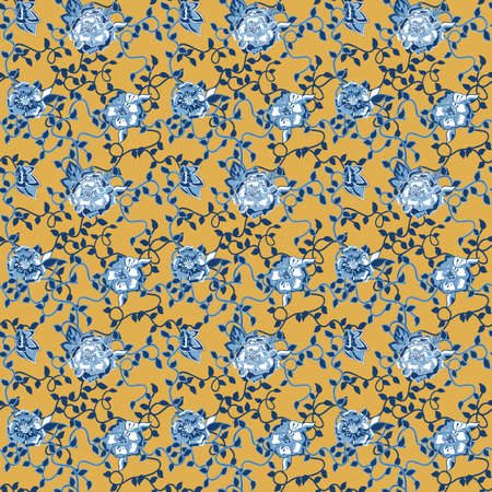 Seamless pattern with flowers and vines in chinoiserie style. Oriental blue ceramic / ornamental print.のイラスト素材