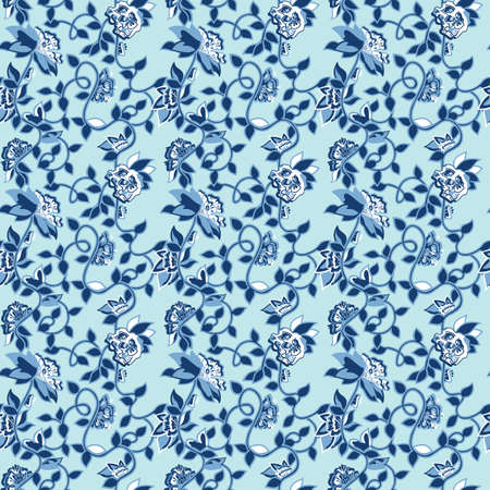Seamless pattern with flowers and vines in chinoiserie style. Oriental blue ceramic / ornamental print.のイラスト素材
