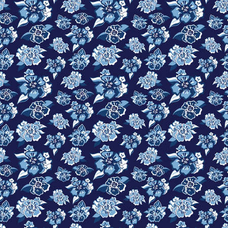 Seamless pattern with flowers and vines in chinoiserie style. Oriental blue ceramic / ornamental print.のイラスト素材