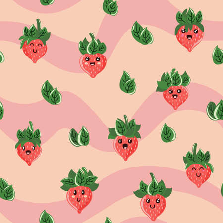 Cute, kawaii anthropomorphic cartoon strawberries seamless pattern with a wavy background. Great for...