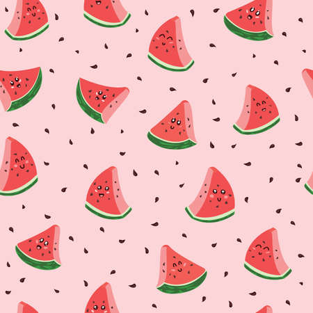 Cute, kawaii anthropomorphic cartoon watermelon slices seamless pattern. Great for Spring or Summer fabric, scrap-booking, gift-wrap, wallpaper, product design product design. Surface  design. Vectorのイラスト素材