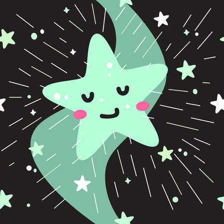Cute, kawaii anthropomorphic cartoon starry night seamless pattern with a wavy starburst background. Great for Spring or Summer fabric, scrap-booking, gift-wrap, wallpaper, product design. Vectorのイラスト素材
