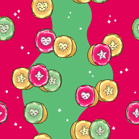 Cute, colorful kawaii anthropomorphic cartoon Kiwi seamless pattern with a wavy background. Great for Spring or Summer fabric, scrap-booking, gift-wrap, wallpaper, product design projects. Vectorのイラスト素材