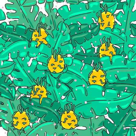 Cute yellow dragon fruit, pitaya, seamless pattern with jungle leaves. Great for Spring or Summer fabric, scrap-booking, gift-wrap, wallpaper, product design projects. Vectorのイラスト素材