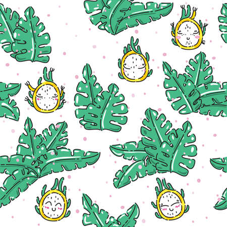 Cute yellow, kawaii cartoon dragon fruit, pitaya, seamless pattern with jungle leaves. Great for Spring or Summer fabric, scrap-booking, gift-wrap, wallpaper, product design projects. Vectorのイラスト素材