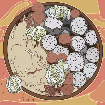 Flat lay Smoothie bowl, AÃ§ai bowl with cacoa truffles, dragon fruit and white roses. Healthy breakfast. Great for Spring or Summer backgrounds, card, banner. Vectorのイラスト素材
