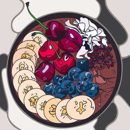 Flat lay Smoothie bowl, AÃ§ai bowl with cherry, banana, blueberry, cocao, coconut. Healthy breakfast. Great for Spring or Summer backgrounds, card, banner. Vectorのイラスト素材