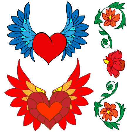 A set of ornaments for the Valentine's day. Image's style is tattoo and the Renaissance.のイラスト素材