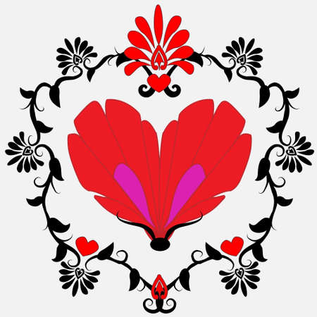 Butterfly like a red heart with  a flower borderのイラスト素材