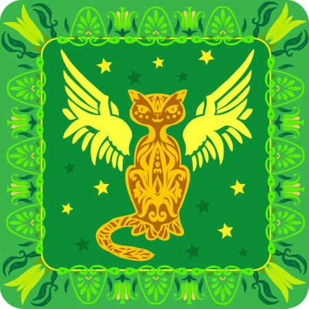 Star cat in an green ethnic ornamentのイラスト素材