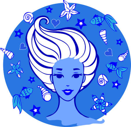 Elegant silhouette of young women among sea creatures, stars and hearts.のイラスト素材