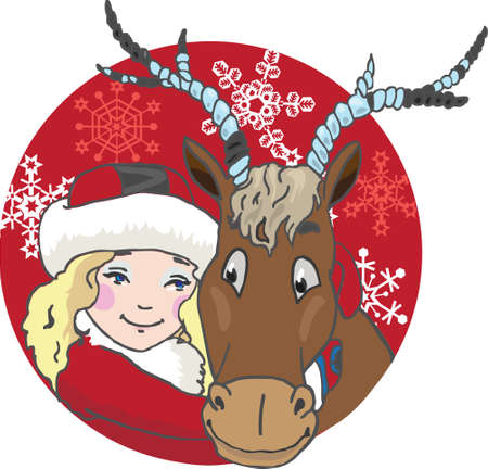Christmas deer and the girl on a red background with snowflakesのイラスト素材
