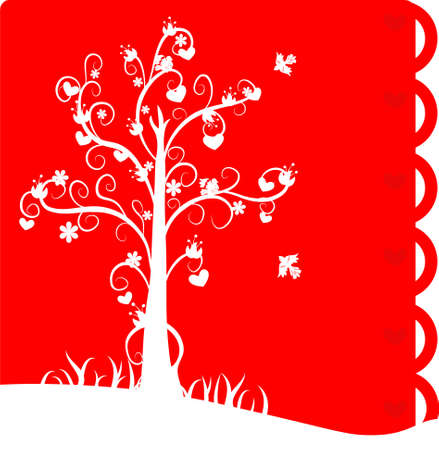 Red lovely card with valentine tree and flowers and birdsのイラスト素材